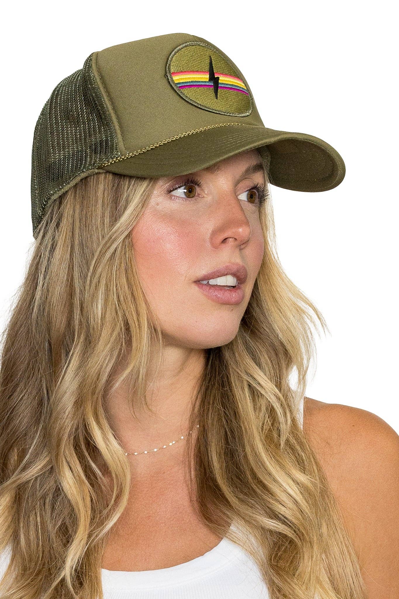 Electric Rainbow Trucker Hat in Olive: Olive