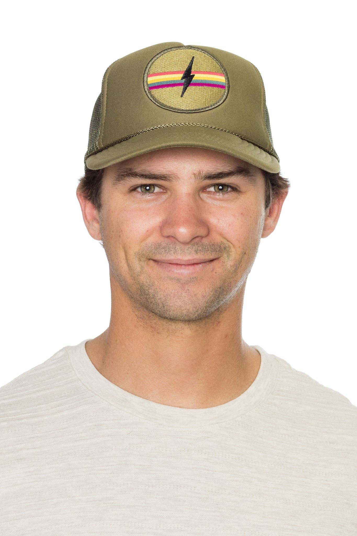 Electric Rainbow Trucker Hat in Olive: Olive