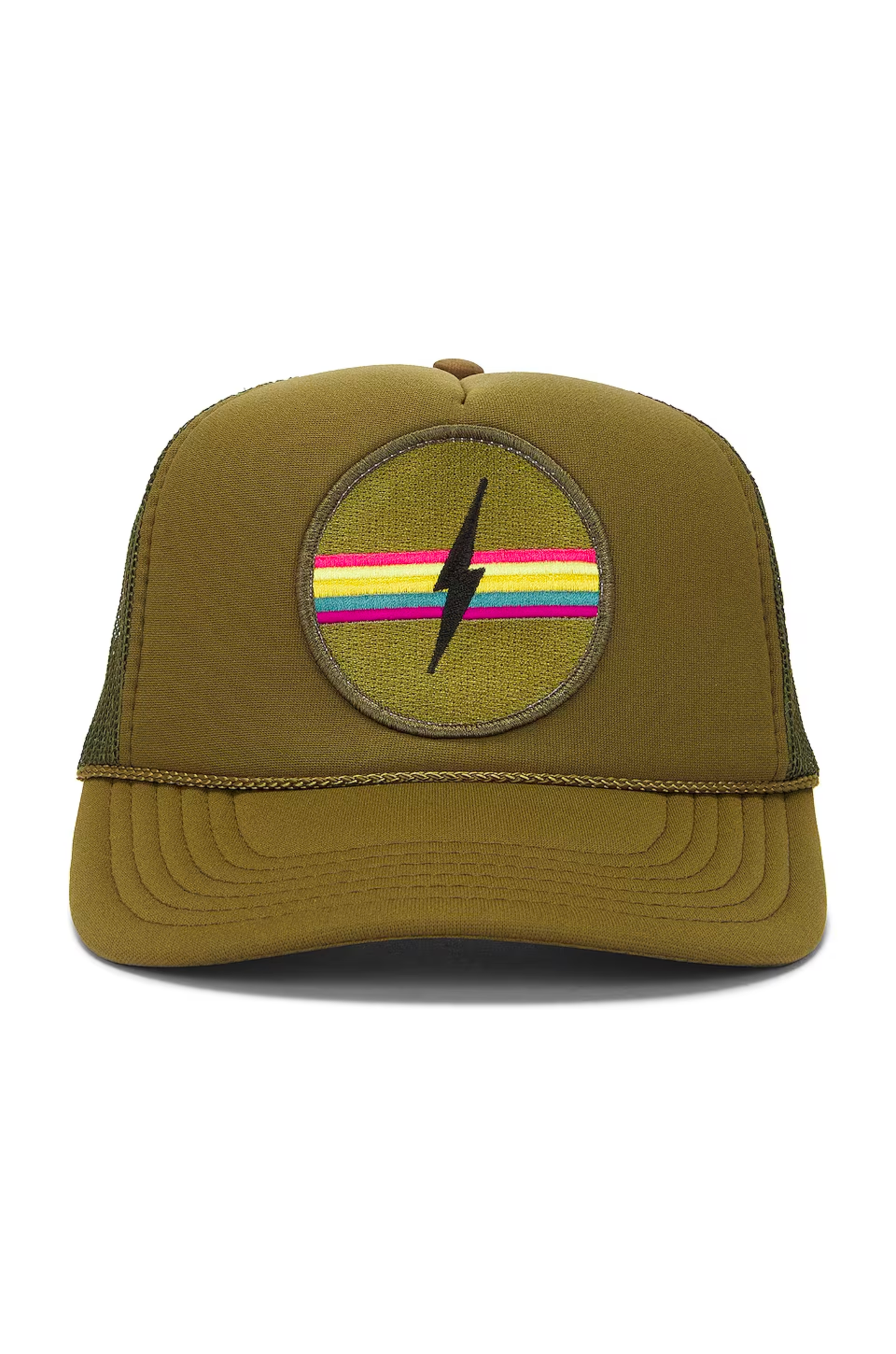 Electric Rainbow Trucker Hat in Olive: Olive