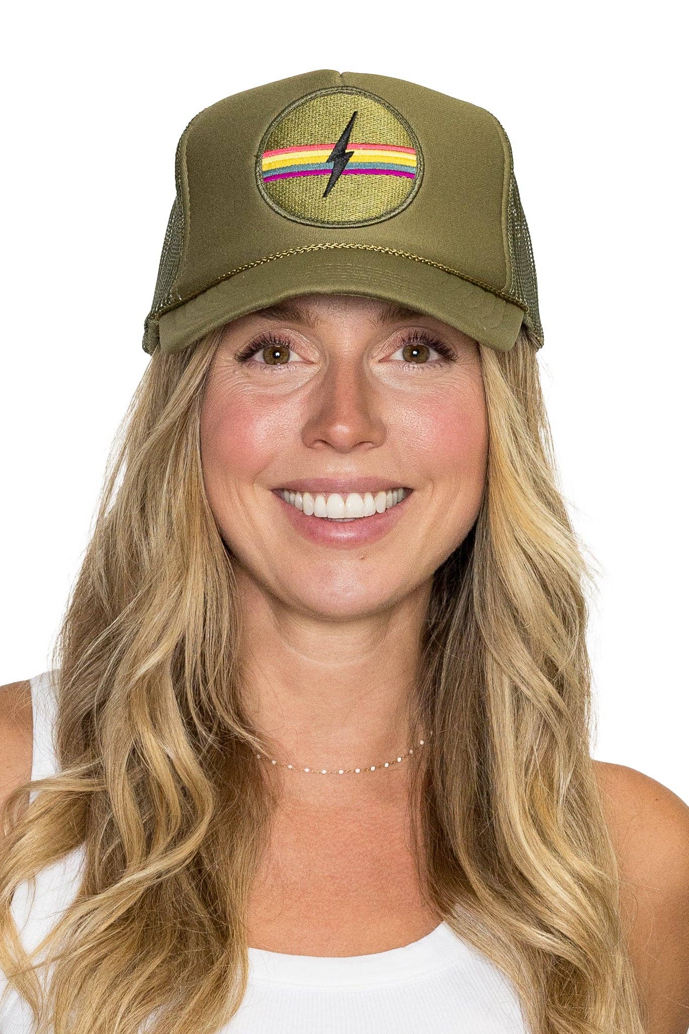 Electric Rainbow Trucker Hat in Olive: Olive