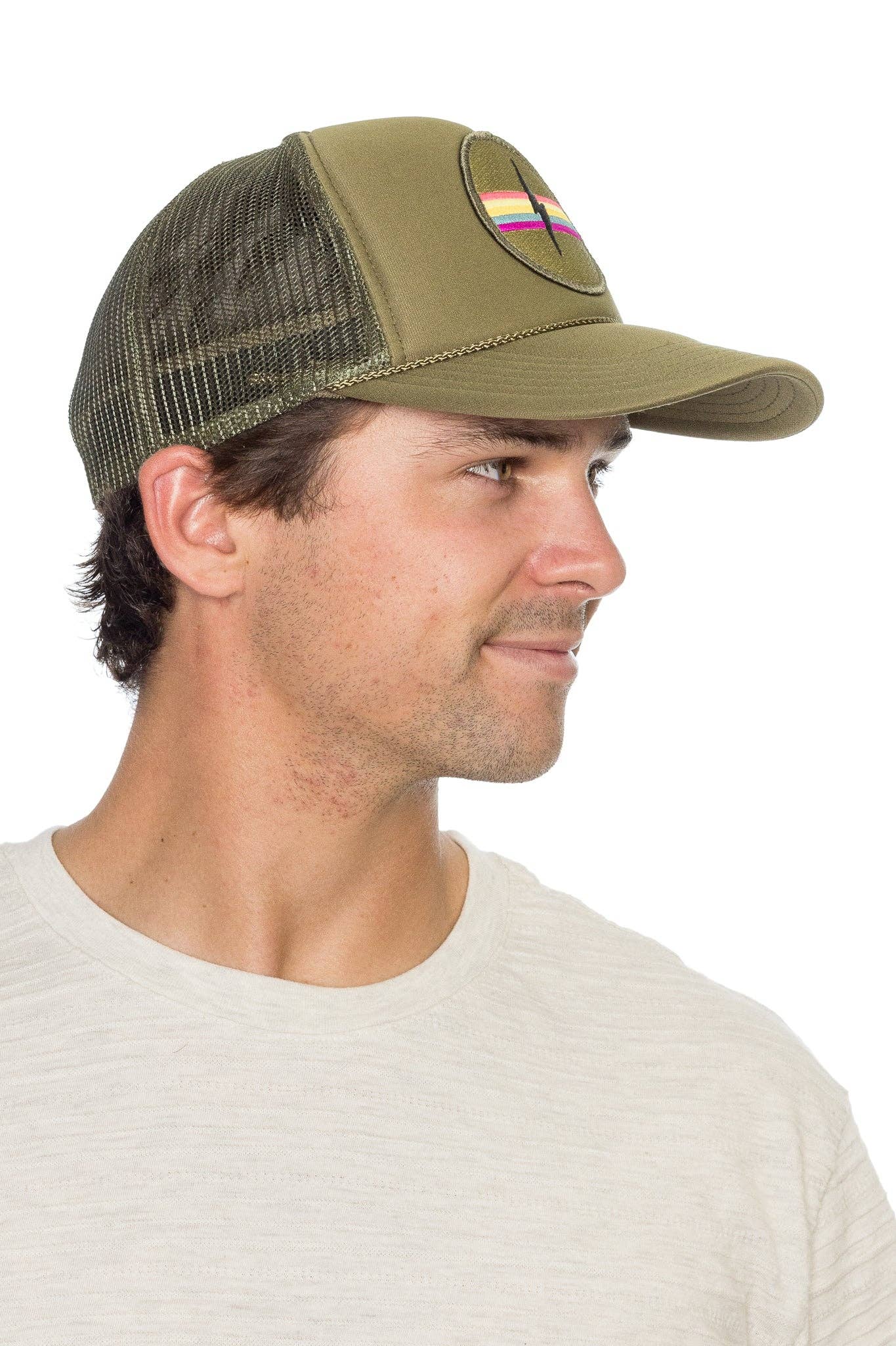 Electric Rainbow Trucker Hat in Olive: Olive